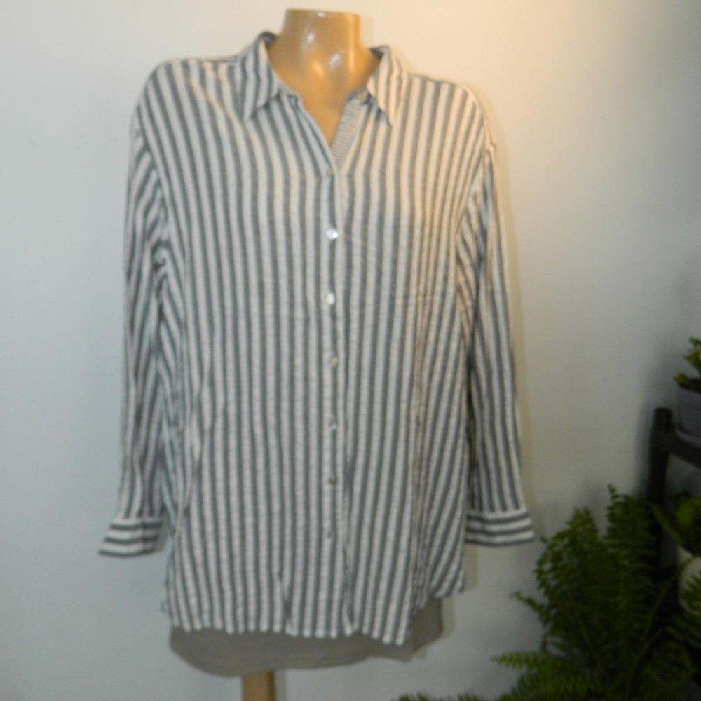 Jane + Delancey Striped Button Down Shirt Women XL Grey White Mixed Chambray